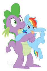 Size: 484x723 | Tagged: safe, artist:cartoonlion, rainbow dash, spike, dragon, pegasus, pony, g4, confused, female, filly, holding a pony, male, mare, simple background, tongue out, white background