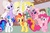 Size: 2000x1300 | Tagged: safe, artist:aquaticneon, forget-me-not, gem blossom, gingerbread, pinkie pie, pinkie pie (g3), surprise, earth pony, flutter pony, pegasus, pony, twinkle eyed pony, g1, g3, g4, adorablossom, adoraprise, cute, diapinkes, female, flying, forgetmedorable, g1 gingerbetes, g1 to g4, g3 diapinkes, g3 to g4, generation leap, mare, open mouth, open smile, pinkie being pinkie, rearing, recolor, sitting, sitting on person, sitting on pony, smiling, sugarcube corner, surprise being surprise, surprise can fly