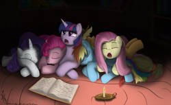 Size: 2000x1226 | Tagged: safe, artist:sonicrainboom93, applejack, fluttershy, pinkie pie, rainbow dash, rarity, twilight sparkle, g4, mane six, sleeping, yawn