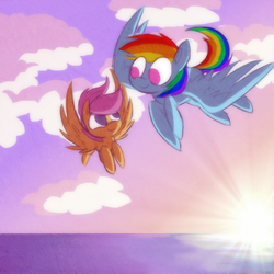 Size: 700x700 | Tagged: safe, artist:xxacidnekoxx, rainbow dash, scootaloo, pony, g4, duo, flying, scootaloo can fly