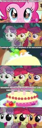 Size: 524x1600 | Tagged: safe, edit, edited screencap, screencap, apple bloom, pinkie pie, scootaloo, sweetie belle, earth pony, pony, g4, hearts and hooves day (episode), mmmystery on the friendship express, cake, comic, hearts and hooves day, marzipan mascarpone meringue madness, reference