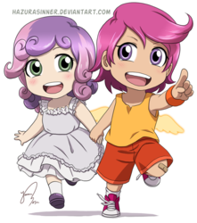 Size: 658x743 | Tagged: safe, artist:hazurasinner, scootaloo, sweetie belle, human, g4, chibi, clothes, cute, cutealoo, diasweetes, dress, duo, female, holding hands, humanized, open mouth, open smile, running, shoes, simple background, smiling, sneakers, white background, winged humanization, wings