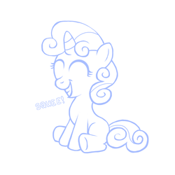 Size: 900x900 | Tagged: safe, artist:aleximusprime, sweetie belle, unicorn, g4, eyes closed, female, filly, foal, grin, horn, monochrome, sitting, smiling, squee, squeetie belle