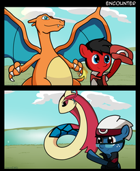 Size: 1600x1950 | Tagged: safe, artist:cawinemd, charizard, milotic, pokémon, ponified, red (pokémon), ruby (pokemon)