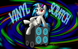 Size: 3200x2000 | Tagged: safe, artist:aleximusprime, dj pon-3, vinyl scratch, pony, unicorn, g4, abstract background, bass cannon, eyebrows, female, grin, high res, horn, looking at you, mare, raised eyebrow, sitting, smiling, solo, sunglasses