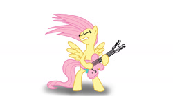 Size: 1440x799 | Tagged: safe, artist:ceehoff, fluttershy, pegasus, pony, g4, electric guitar, female, guitar, headbang, heavy metal, mare, metalshy, musical instrument, rockershy, simple background, solo, white background