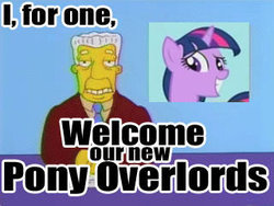 Size: 320x240 | Tagged: safe, edit, edited screencap, screencap, twilight sparkle, g4, artifact, clothes, i for one welcome our new overlords, image macro, join the herd, kent brockman, male, meme, necktie, smiling, suit, text, the simpsons, this will end in tears, welcome to the herd