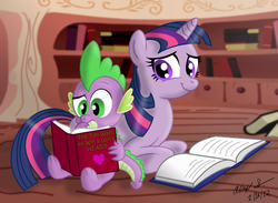 Size: 1024x750 | Tagged: safe, artist:aleximusprime, spike, twilight sparkle, dragon, unicorn, g4, book, duo, duo male and female, female, golden oaks library, heart, horn, male, mare, smiling