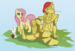 Size: 1038x715 | Tagged: safe, angel bunny, fluttershy, g4, crossover, dark souls, dragon slayer ornstein