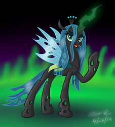 Size: 1024x1126 | Tagged: safe, artist:aleximusprime, queen chrysalis, changeling, changeling queen, g4, crown, female, glowing horn, horn, jewelry, regalia, solo