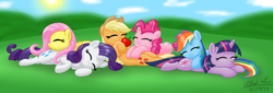 Size: 1280x436 | Tagged: safe, artist:aleximusprime, applejack, fluttershy, pinkie pie, rainbow dash, rarity, twilight sparkle, pony, unicorn, g4, apple, lying down, mane six, on back, on side, pony pile, sleeping, unicorn twilight