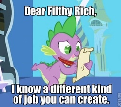 Size: 436x386 | Tagged: safe, edit, edited screencap, screencap, filthy rich, spike, dragon, friendship is magic, g4, caption, image macro, letter, male, quill, scroll, spike's love letters, tongue out, twilight's canterlot home, window