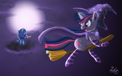 Size: 1920x1200 | Tagged: safe, artist:zelc-face, trixie, twilight sparkle, pony, unicorn, g4, accessory swap, angry, broom, cape, censored vulgarity, clothes, cloud, costume, duo, eyes closed, flying, flying broomstick, full moon, grawlixes, hat, moon, night, on a cloud, open mouth, smiling, socks, striped socks, the great and powerful, the great and powerful twilight, trixie's cape, trixie's hat, witch, yelling