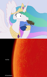 Size: 342x558 | Tagged: safe, artist:enma-darei, princess celestia, pony, g4, dear-princesscelestia, female, reaction image, size comparison, size difference, solo, spit take, stars, sun, vy canis majoris