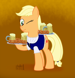 Size: 856x888 | Tagged: safe, artist:phallen1, applejack, g4, beer, clothes, dirndl, dress, oktoberfest, pretzel