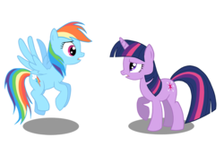 Size: 950x619 | Tagged: safe, artist:queencold, rainbow dash, twilight sparkle, pegasus, pony, unicorn, g4, duo, female, flying, mare, raised hoof, simple background, transparent background, unicorn twilight