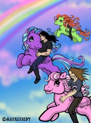 Size: 1796x2419 | Tagged: safe, artist:maxkennedy, oc, earth pony, human, pony, g3, 2008, alcohol, boots, clothes, crossover, denim, dethklok, drink, female, flying, jeans, male, metalocalypse, nathan explosion, pants, pickles the drummer, rainbow, riding, riding a pony, shirt, shoes, sky background, sleeping, sneakers, t-shirt, tank top, toki wartooth