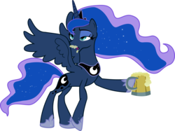 Size: 8040x6000 | Tagged: safe, artist:synthrid, princess luna, alicorn, pony, g4, absurd resolution, adventure in the comments, cider, dexterous hooves, drunk, drunk luna, ethereal mane, female, hoof hold, hoof shoes, lidded eyes, mare, mug, simple background, solo, spread wings, starry mane, transparent background, vector, wings