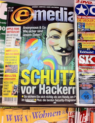 Size: 496x643 | Tagged: safe, rainbow dash, g4, anonymous, cover, e media, german, guy fawkes mask, magazine