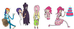 Size: 900x354 | Tagged: safe, artist:sydsydguv259, fluttershy, pinkie pie, rainbow dash, rarity, human, g4, mmmystery on the friendship express, adventure time, cake, clothes, dress, humanized, male, mannequin, sketch dump, skinny, skirt, style emulation, thin, working