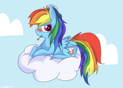 Size: 850x609 | Tagged: safe, artist:sunomii, rainbow dash, g4, backwards thermometer, blushing, ice pack, sick, thermometer