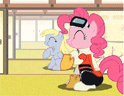 Size: 393x306 | Tagged: safe, artist:mysteryben, derpy hooves, pinkie pie, parasprite, pegasus, pony, rhythm is magic, g4, animated, apple, cupcake, cute, derpabetes, diapinkes, female, flcl, mare, muffin, remix apple apple apple, rhythm heaven