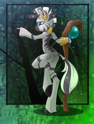 Size: 685x901 | Tagged: safe, artist:ellisarts, zecora, zebra, semi-anthro, g4, balancing, butt, female, mare, plot, scepter, solo, staff, standing, standing on one leg, zecorass