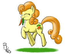 Size: 1024x768 | Tagged: safe, artist:ravenousdrake, carrot top, golden harvest, earth pony, pony, g4, carrot, cute, cutie top, eyes closed, female, mouth hold, prancing, solo