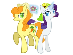 Size: 1600x1200 | Tagged: safe, artist:twilathewolf, carrot top, golden harvest, rarity, earth pony, pony, unicorn, g4, female, flower, horn, lesbian, magic, mare, ship:carrity, shipping, simple background, transparent background