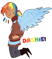 Size: 900x1013 | Tagged: safe, artist:nyan-cow, rainbow dash, human, g4, humanized, simple background, solo, transparent background, winged humanization