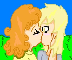 Size: 412x346 | Tagged: safe, artist:darkfox347, carrot top, derpy hooves, golden harvest, human, g4, female, humanized, kissing, lesbian, ship:derpytop, shipping