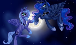 Size: 1000x600 | Tagged: safe, artist:quennyqueen, princess luna, g4, moon, s1 luna, self ponidox, the fun has been doubled