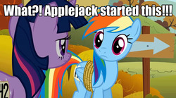 Size: 1280x714 | Tagged: safe, applejack, rainbow dash, twilight sparkle, g4, image macro, poker face, rope