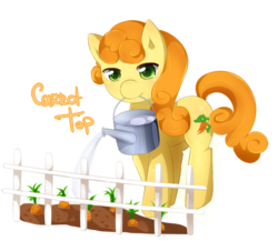 Size: 700x634 | Tagged: dead source, safe, artist:tomoe-chi, carrot top, golden harvest, earth pony, pony, g4, carrot, female, gardening, mare, simple background, solo, transparent background, watering can