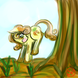 Size: 900x900 | Tagged: safe, artist:ryuredwings, carrot top, golden harvest, earth pony, pony, g4, applebucking, carrot bucking, female, solo, tree