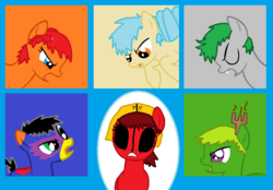 Size: 840x584 | Tagged: safe, artist:wriggle-kick, g4, the ticket master, belladonna, blightshade, dingnut, ghoulantern, mortasheen, mowverkill, ponified, skoffix