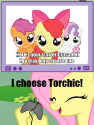 Size: 522x695 | Tagged: safe, apple bloom, fluttershy, scootaloo, sweetie belle, pegasus, pony, torchic, g4, cutie mark crusaders, exploitable meme, female, gamershy, mare, meme, pokémon, scootachicken, tv meme