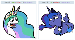 Size: 530x282 | Tagged: safe, princess celestia, princess luna, derpibooru, g4, exploitable meme, juxtaposition, juxtaposition win, meme, meta