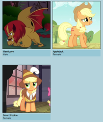 Size: 540x643 | Tagged: safe, applejack, manny roar, smart cookie, manticore, pony, g4, mannyjack, meme, shipping, shipyard lulz, vector