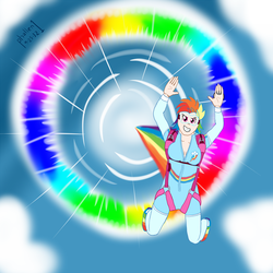 Size: 1440x1440 | Tagged: safe, artist:phallen1, rainbow dash, human, g4, air ponyville, clothes, female, humanized, jumpsuit, skydiving, solo, sonic rainboom