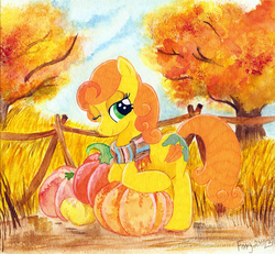 Size: 1346x1242 | Tagged: safe, artist:foxxy-arts, carrot top, golden harvest, pony, g4, clothes, female, pumpkin, scarf, solo, traditional art, tree