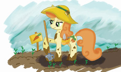 Size: 1424x856 | Tagged: safe, artist:poputnik, carrot top, golden harvest, pony, g4, female, garden, hat, shovel, solo