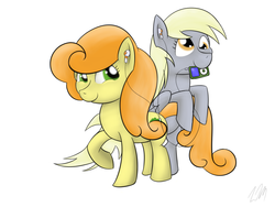 Size: 1024x768 | Tagged: safe, artist:mrfloppemz, carrot top, derpy hooves, golden harvest, pegasus, pony, g4, female, ipod, mare, sharing headphones