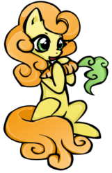 Size: 569x886 | Tagged: safe, artist:misspokky, carrot top, golden harvest, earth pony, pony, g4, carrot, cute, cutie top, female, food, mare, missing cutie mark, open mouth, simple background, sitting, solo, transparent background