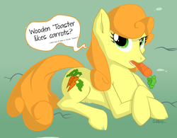 Size: 5000x3901 | Tagged: safe, artist:copycatastrophe, carrot top, golden harvest, earth pony, pony, g4, absurd resolution, background pony, carrot, female, food, glaze, mare, prone, solo
