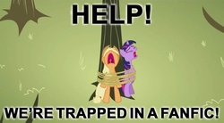 Size: 854x472 | Tagged: safe, edit, edited screencap, screencap, applejack, twilight sparkle, earth pony, pony, unicorn, g4, my little pony: friendship is magic, secret of my excess, caption, fanfic, help, implied shipping, meta, rope, tied up