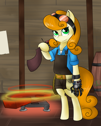 Size: 1600x2000 | Tagged: safe, artist:spittfireart, carrot top, golden harvest, earth pony, pony, g4, artificial hands, bipedal, engineer, engineer (tf2), female, mare, solo, team fortress 2