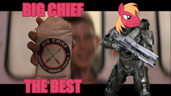 Size: 850x480 | Tagged: safe, big macintosh, chief, earth pony, pony, g4, angry, armor, big chief, crossover, frown, funny, gun, halo (series), image macro, male, master chief, parody, powered exoskeleton, sierra, stallion, the sandlot, weapon