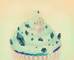 Size: 1500x1209 | Tagged: safe, artist:sneeze-snicker, spike, dragon, g4, cupcake, food, gem, giant food, gradient background, male, micro, sapphire, sapphire cupcake, sitting, solo