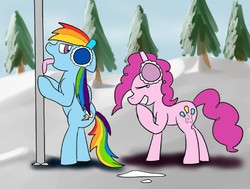 Size: 800x604 | Tagged: artist needed, safe, pinkie pie, rainbow dash, g4, earmuffs, pole, teary eyes, tongue out, winter